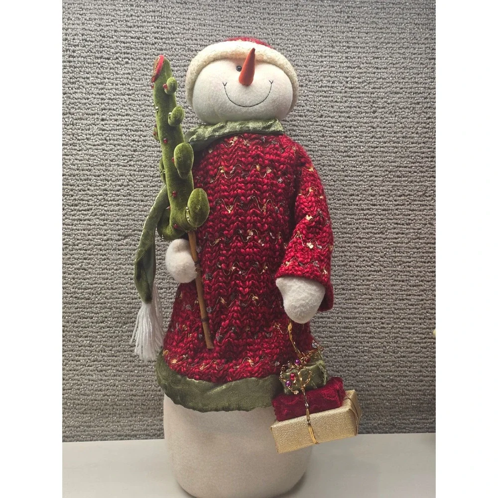 Snowman Christmas Figurine Red Knit Sweater Velvet‎ Tree Holiday Decor 18 Inch